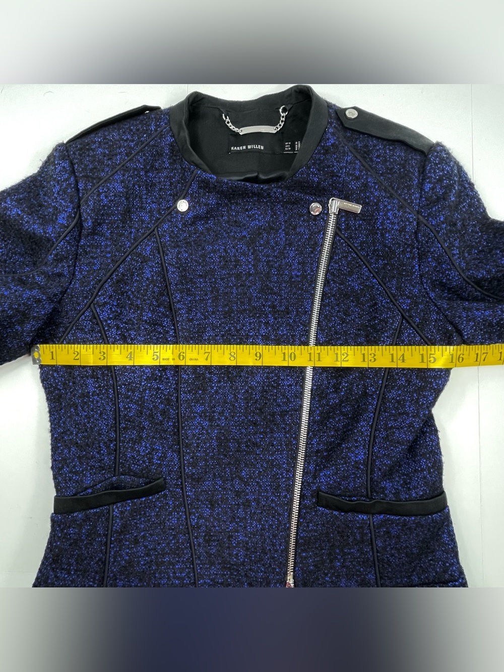 KAREN MILLEN Women's Blue Black Tweed Zipper Jacket Blazer Lined Size 6 - Picture 8 of 9